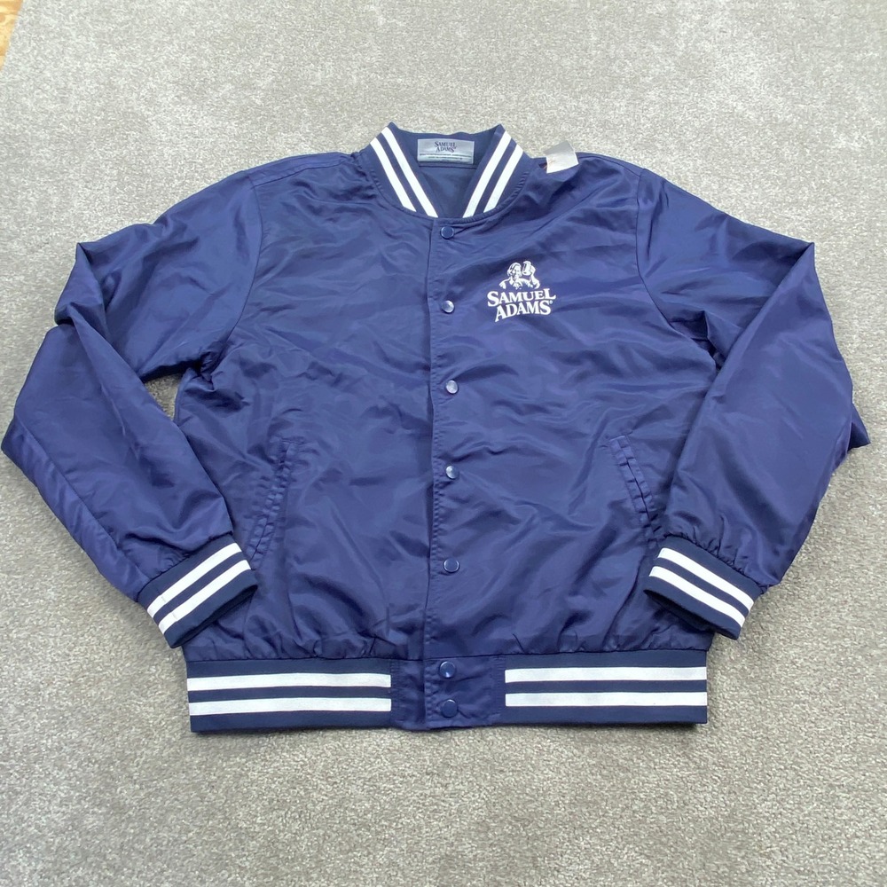 Samuel Adams Bomber Jacket Mens Large Navy Blue Brackets & Beers 23 Varsity